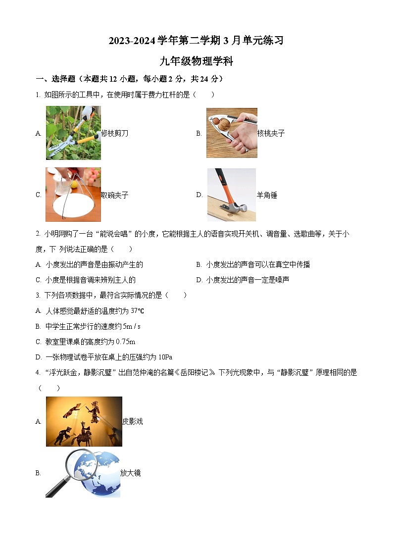 江苏省苏州市工业园区星港学校2023-2024学年九年级下学期3月物理练习（原卷版）第1页