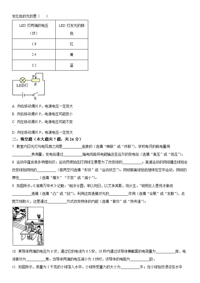 2024年上海市徐汇区初三中考二模物理试卷含详解02