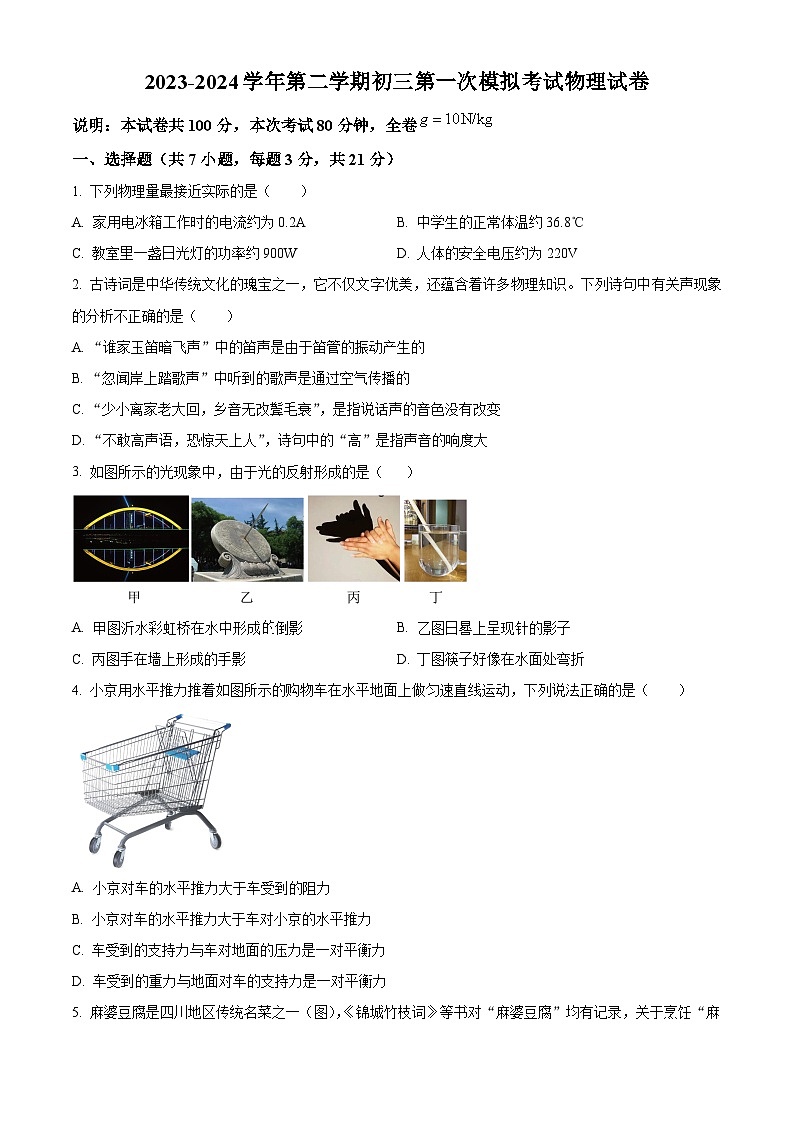 2024年广东省东莞市厚街湖景中学中考一模物理试卷（原卷版+解析版）01
