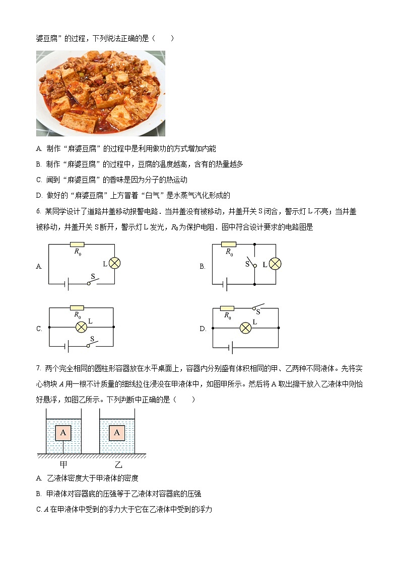 2024年广东省东莞市厚街湖景中学中考一模物理试卷（原卷版+解析版）02