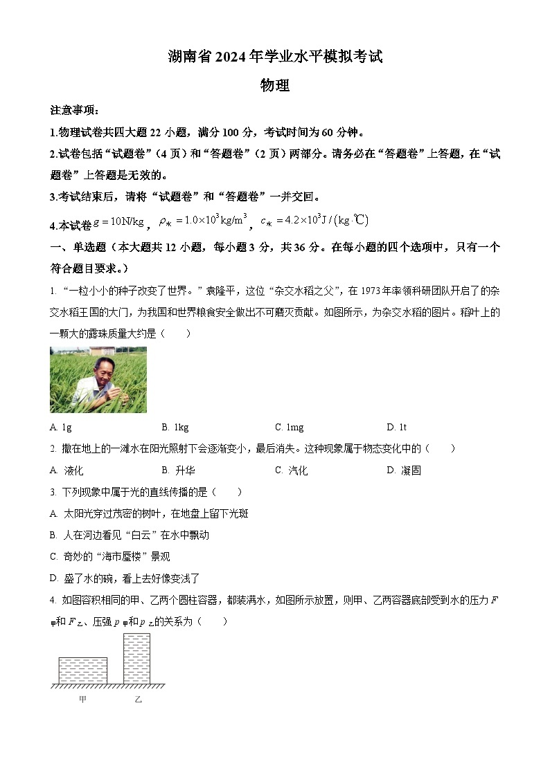 2024年湖南省怀化市第三中学中考一模物理试题（原卷版+解析版）01