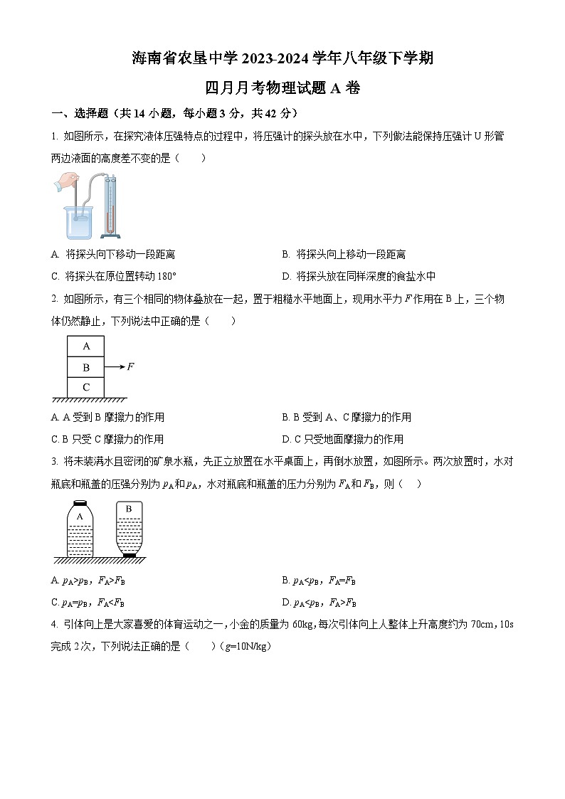 海南省农垦中学2023-2024学年八年级下学期四月月考物理试题A卷（原卷版+解析版）01