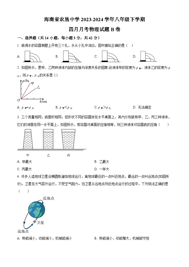 海南省农垦中学2023-2024学年八年级下学期四月月考物理试题B卷（原卷版）第1页
