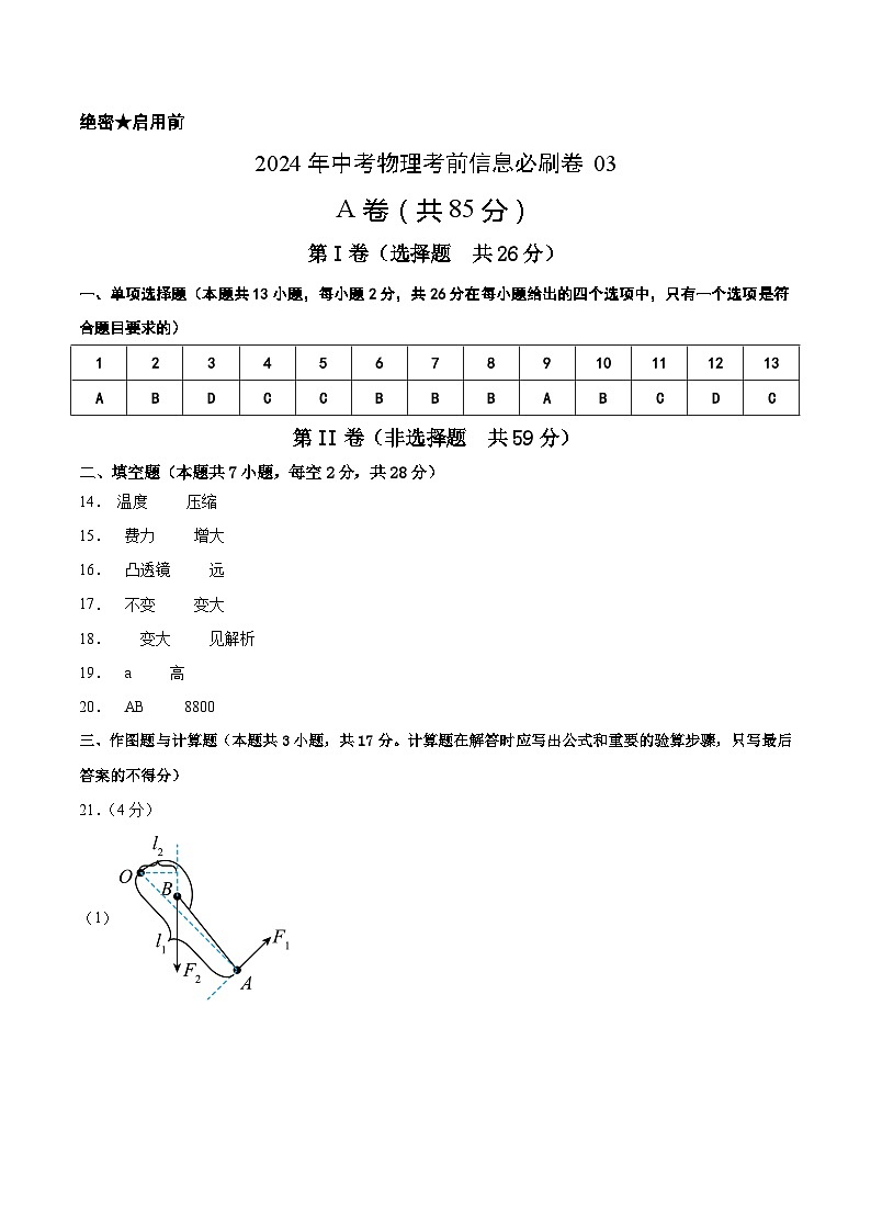 信息必刷卷03（成都专用）--2024年中考物理考前信息必刷卷01