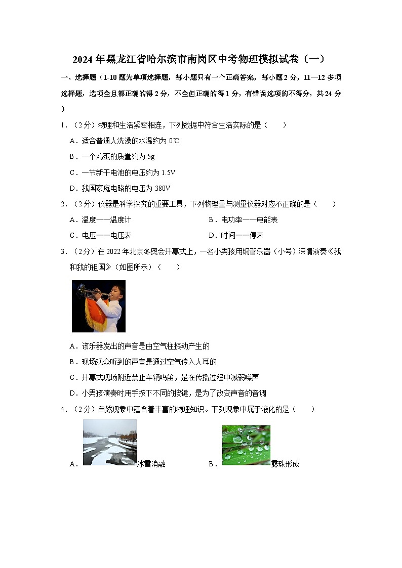 2024年黑龙江省哈尔滨市南岗区中考物理模拟试卷（一）第1页