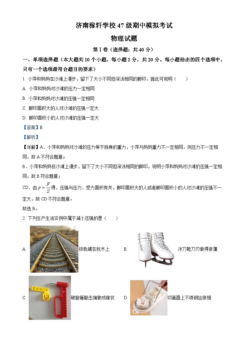 山东省济南稼轩学校2023-2024年八年级下学期物理期中模拟考试（解析版）第1页