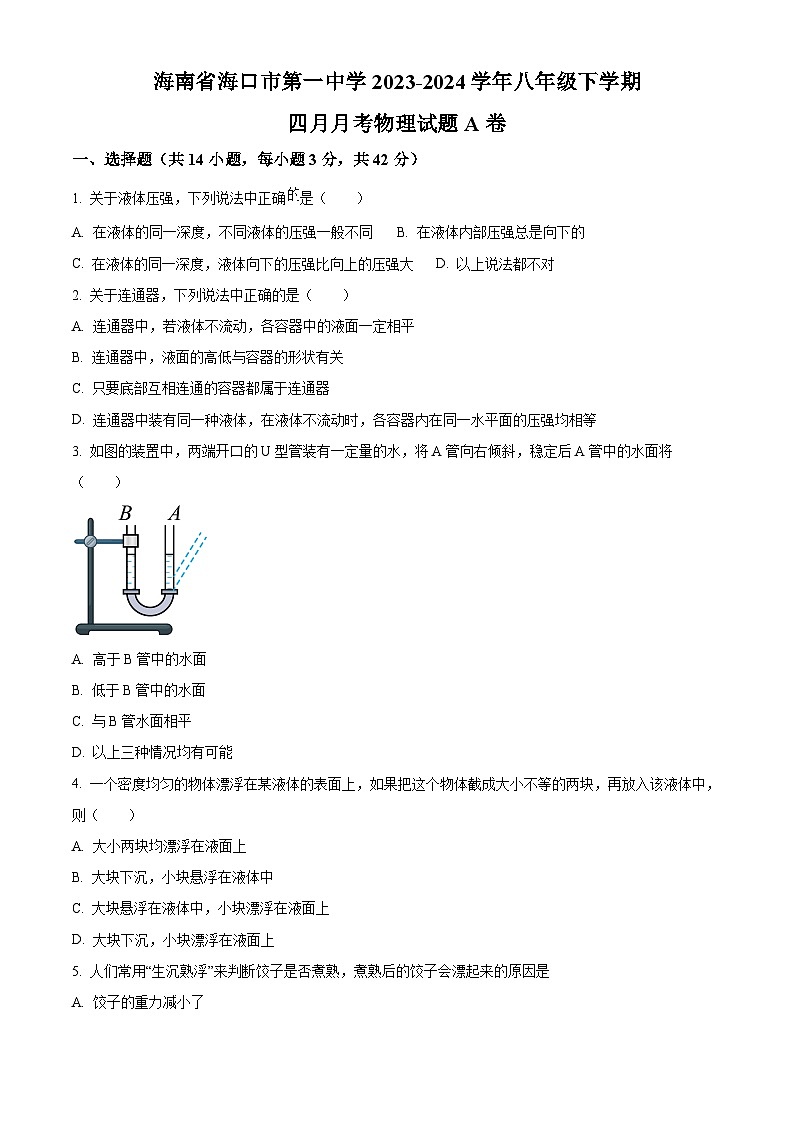 海南省海口市第一中学2023-2024学年八年级下学期四月月考物理试题A卷（原卷版）第1页