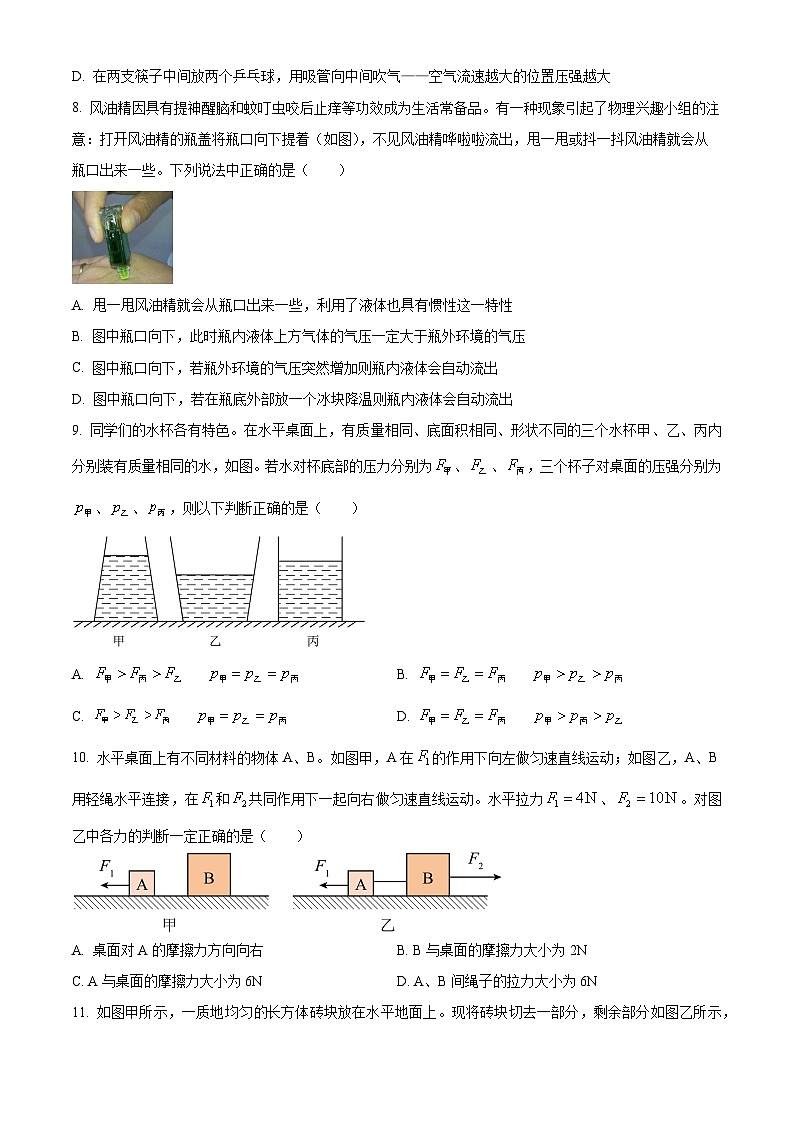 重庆育才中学教育集团2023-2024学年八年级下学期期中自主作业物理试题 （原卷版+解析版）03