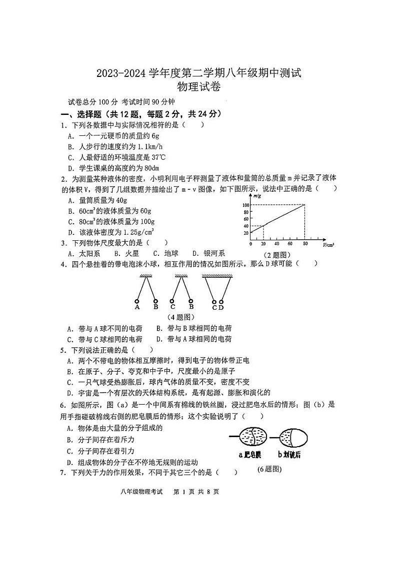江苏省无锡市新城中学2023-2024学年下学期八年级物理期中试卷01