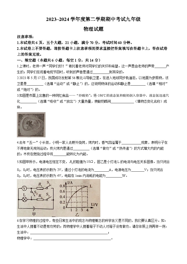 河南省漯河市临颍县2023-2024学年度九年级第一次模拟考试物理试题01
