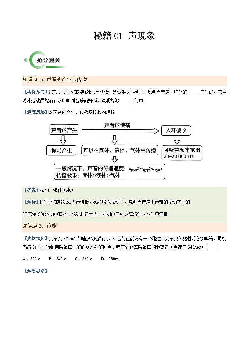 通关01 声现象-备战2024年中考物理抢分秘籍（全国通用）（原卷版）第1页