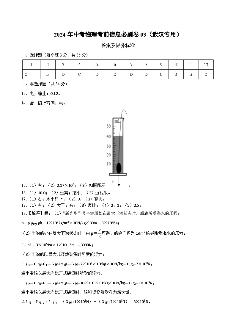 信息必刷卷03（武汉专用）-2024年中考物理考前信息必刷卷（湖北武汉专用）01