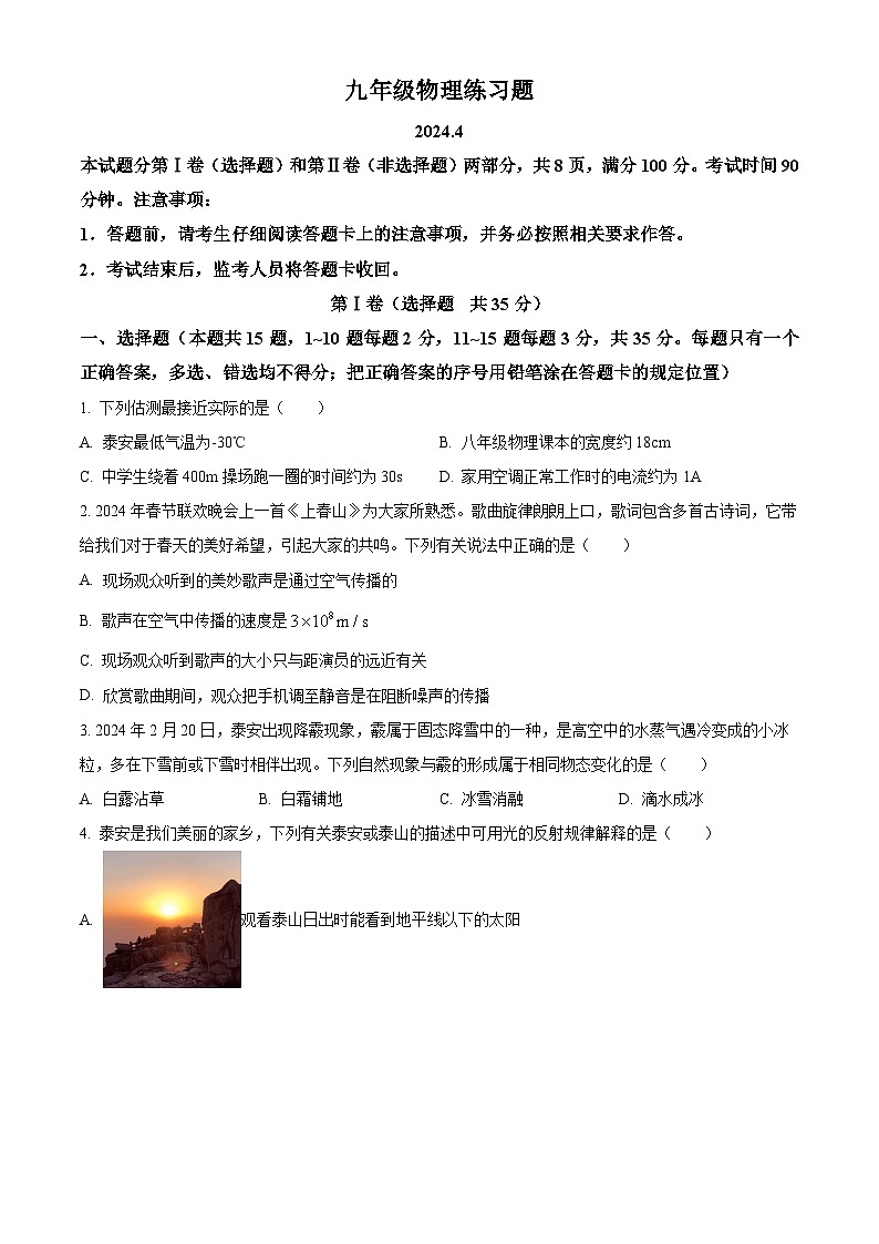 2024年山东省泰安市岱岳区中考一模物理试题（原卷版+解析版）01