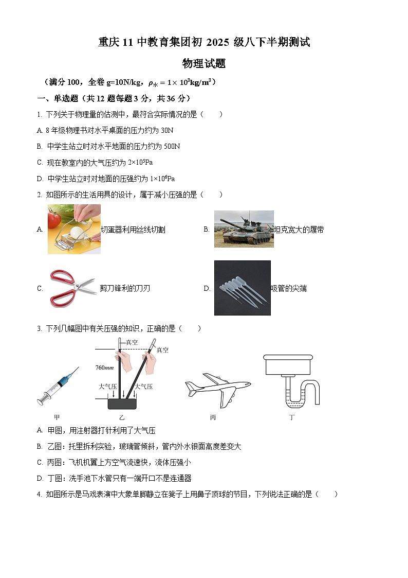 重庆市第十一中学校2023-2024学年八年级下学期期中物理试卷（原卷版）第1页