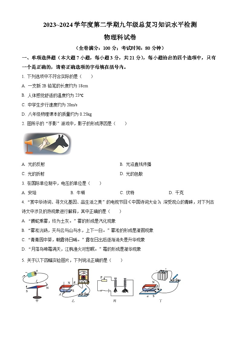 广东省梅州市大埔县2023-2024学年九年级下学期4月期中物理试题（原卷版）第1页