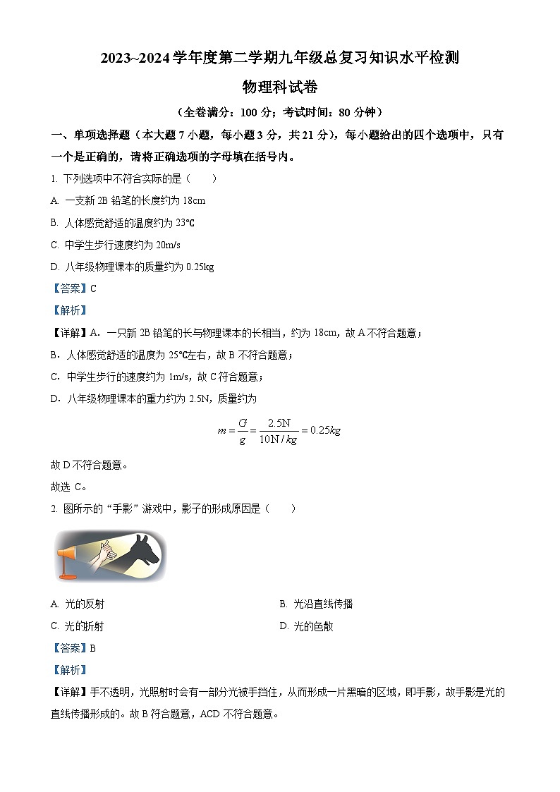 广东省梅州市大埔县2023-2024学年九年级下学期4月期中物理试题（解析版）第1页