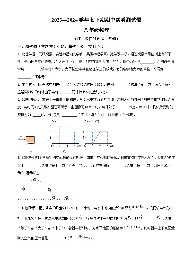 河南省驻马店市确山县2023-2024学年八年级下学期4月期中物理试题（原卷版）第1页