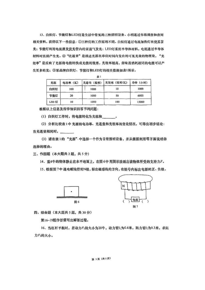2024年上海长宁区初三二模物理试卷和参考答案03