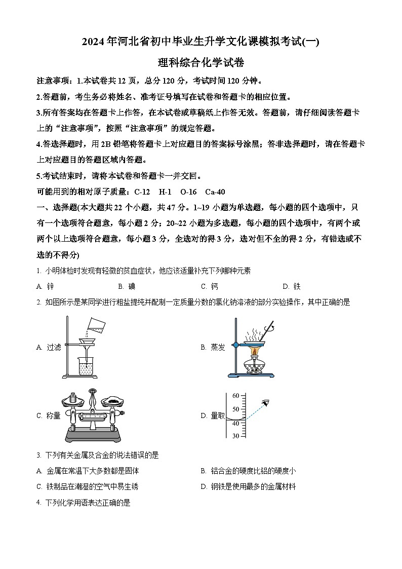 2024年河北省邯郸市九年级中考一模物理化学试题-初中化学（原卷版+解析版）01