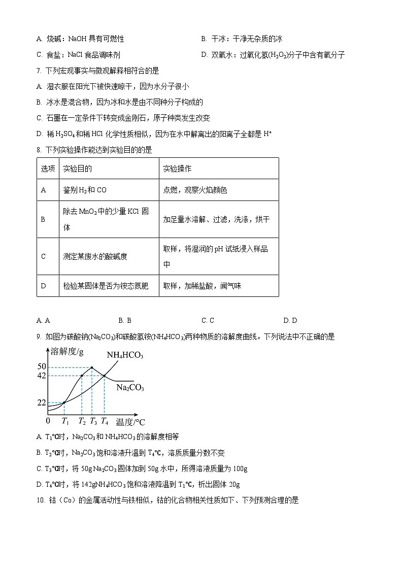 2024年新疆维吾尔自治区九年级中考二模物理化学试题-初中化学（原卷版+解析版）02