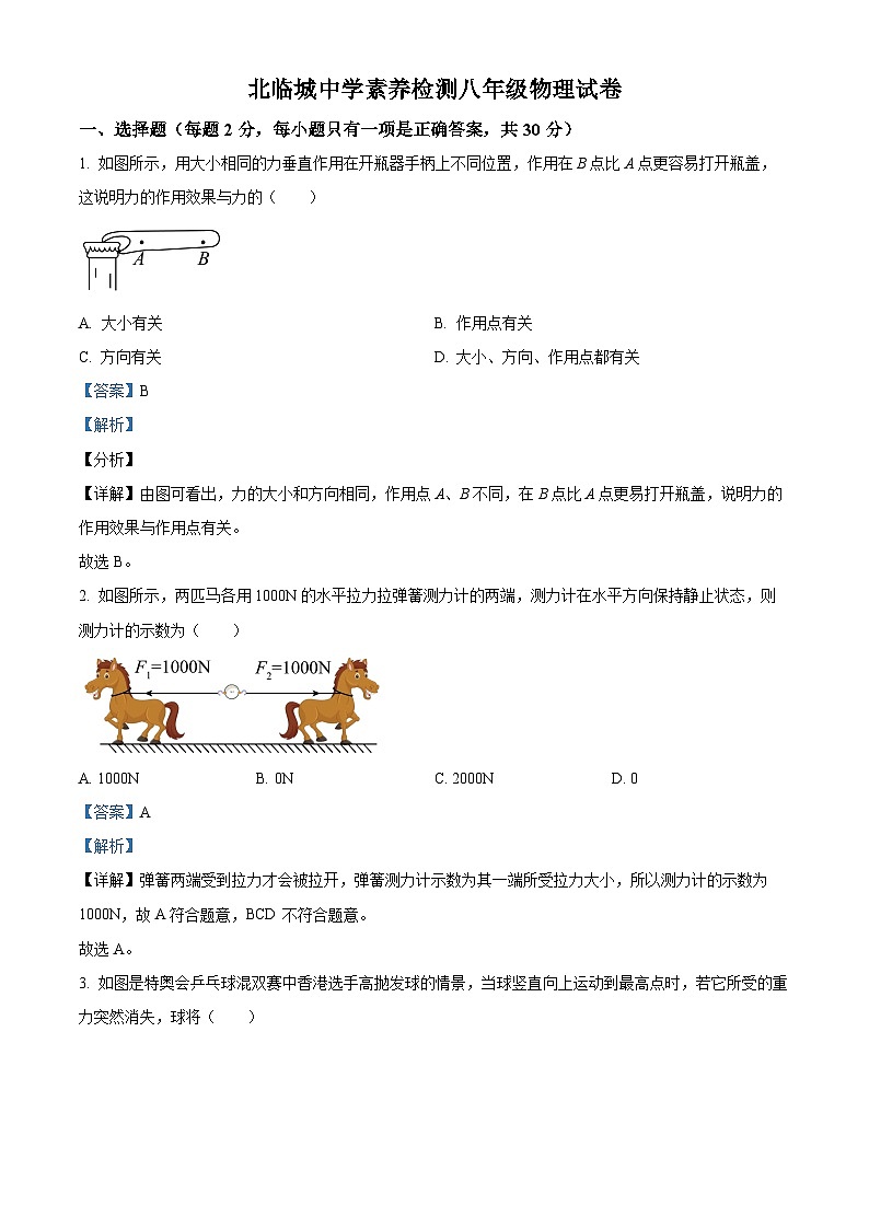 山东省枣庄市薛城区北临城中学2023－2024学年八年级下学期4月月考物理试题（解析版）第1页