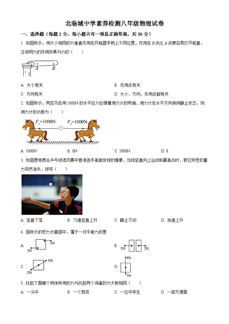 山东省枣庄市薛城区北临城中学2023－2024学年八年级下学期4月月考物理试题（原卷版）第1页