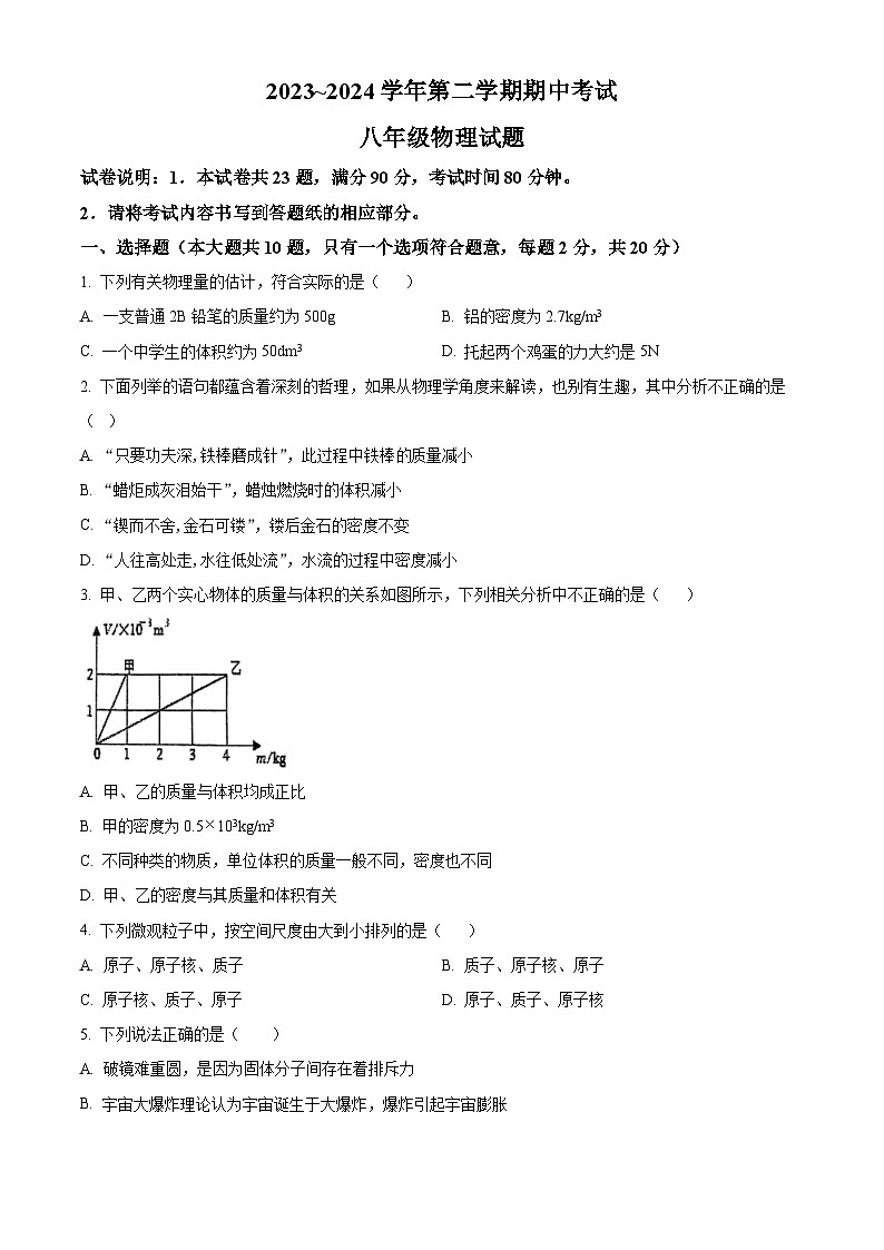 江苏省连云港市新海初级中学2023-2024学年八年级下学期期中考试物理试卷（原卷版）第1页