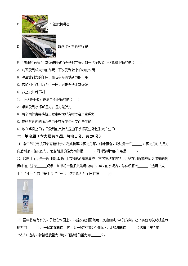 江苏省连云港市新海初级中学2023-2024学年八年级下学期期中考试物理试卷（原卷版）第3页