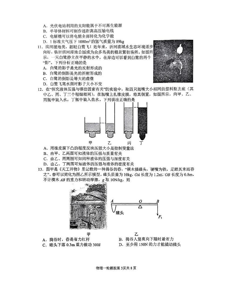 2024年山东省临沂市河东区中考一模物理试题第3页