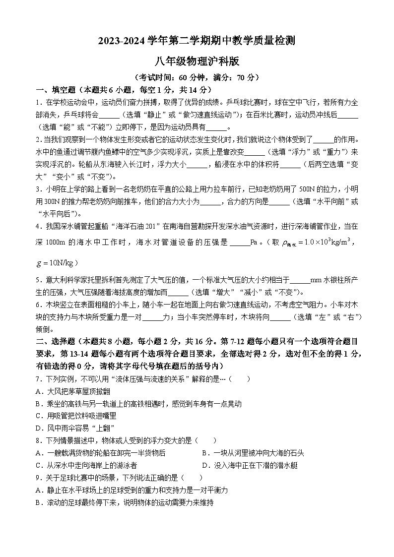 河南省周口市沈丘县2023-2024学年八年级下学期4月期中物理试题第1页