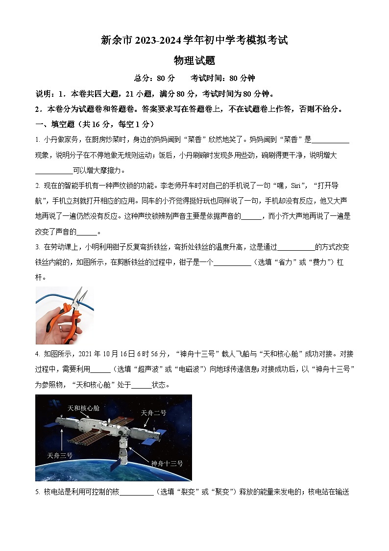 2024年江西省新余市新余市九年级第一次模拟考试物理试题（原卷版）第1页