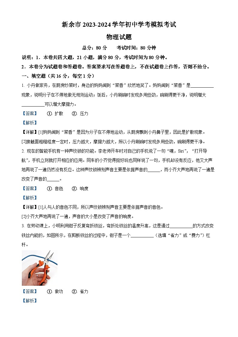 2024年江西省新余市新余市九年级第一次模拟考试物理试题（解析版）第1页