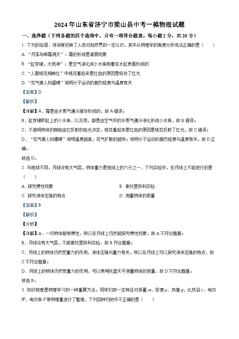 2024年山东省济宁市梁山县中考一模物理试题（解析版）第1页