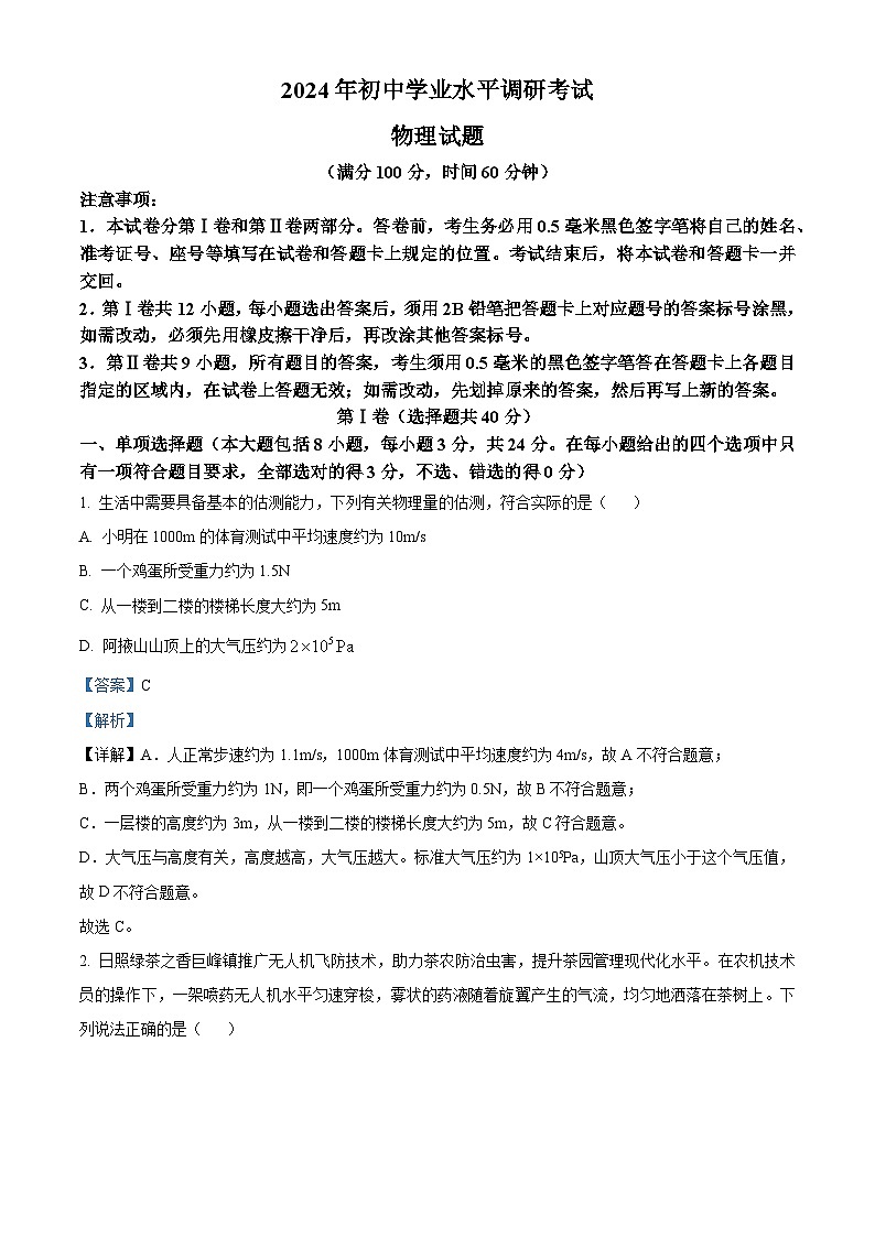 2024年山东省日照市岚山区中考一模物理试题（解析版）第1页