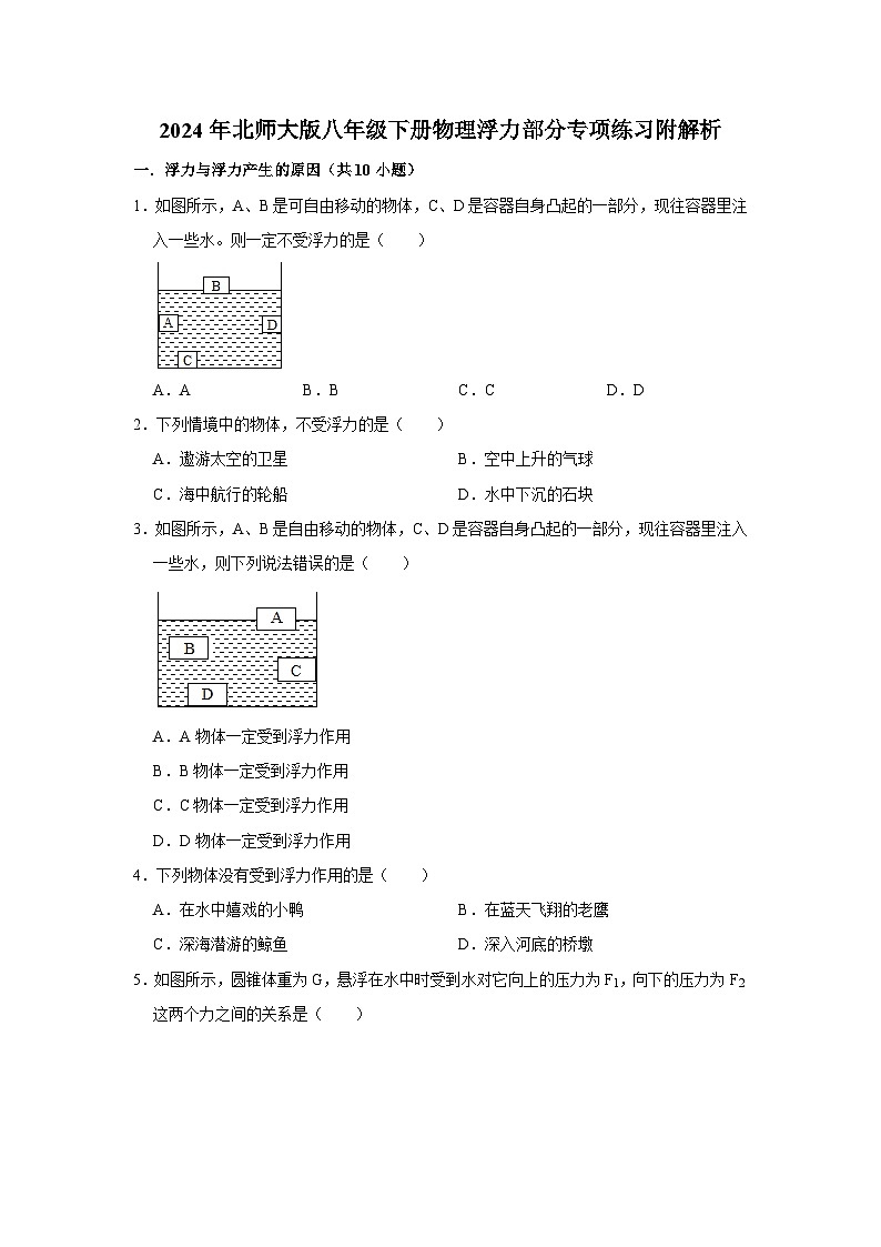 2024年北师大版八年级下册物理浮力部分专项练习附解析01