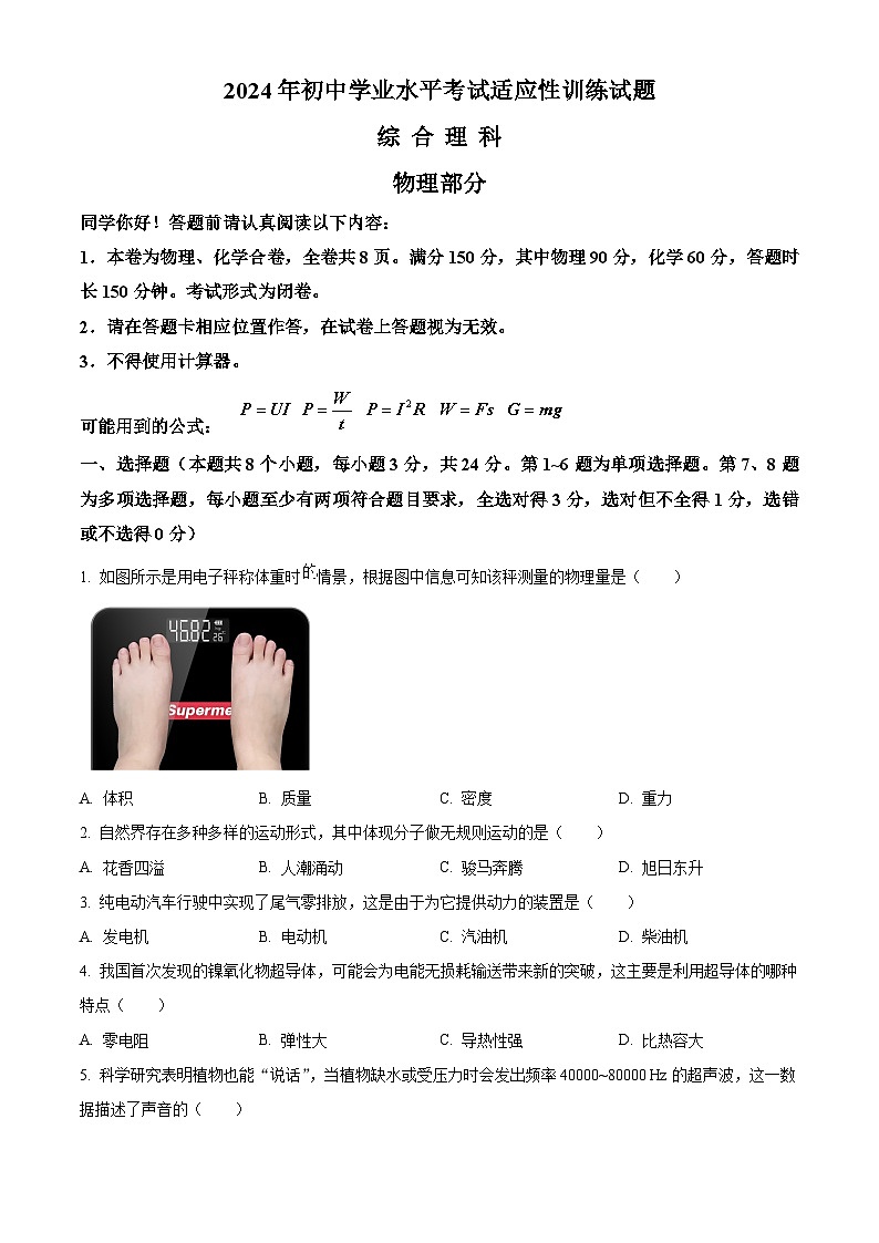 贵州省2024年初中学业水平考试适应性训练（一模）理综试题-初中物理（原卷版）第1页