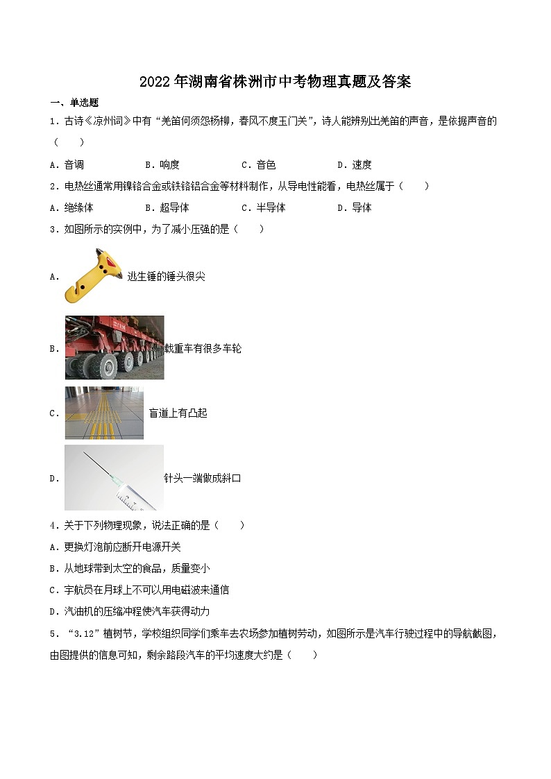2022年湖南省株洲市中考物理真题及答案01