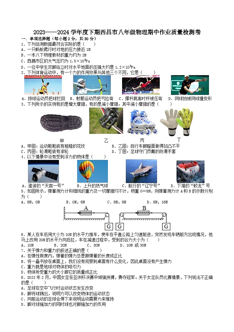 四川省西昌市2023-2024学年八年级下学期期中物理作业质量检测卷第1页