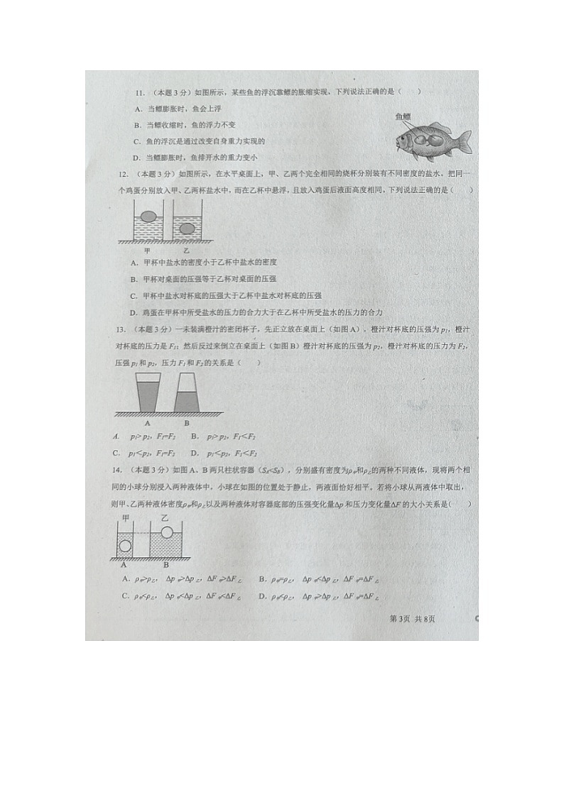 山东省德州市第九中学2023-2024学年度下学期期中考试8年级物理试题03
