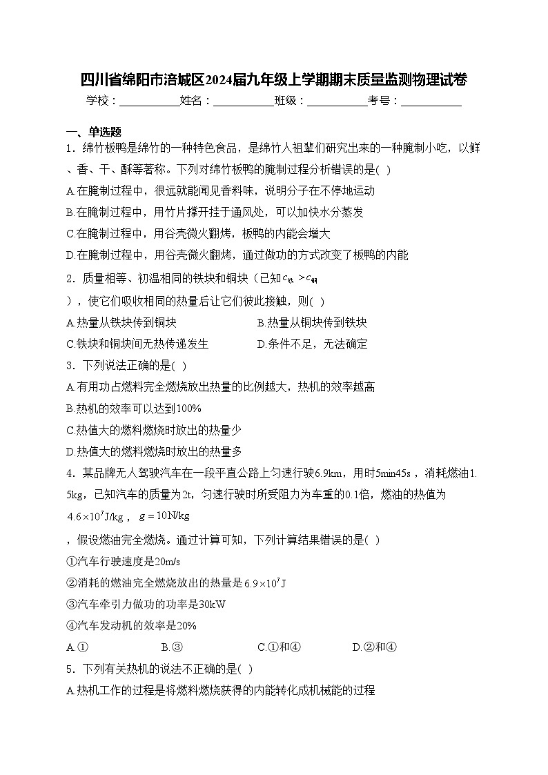四川省绵阳市涪城区2024届九年级上学期期末质量监测物理试卷(含答案)01