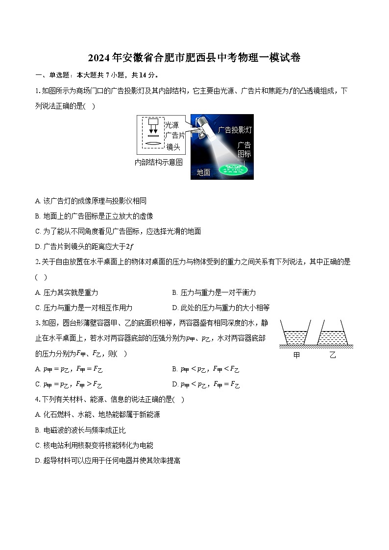 2024年安徽省合肥市肥西县中考物理一模试卷（含解析）01
