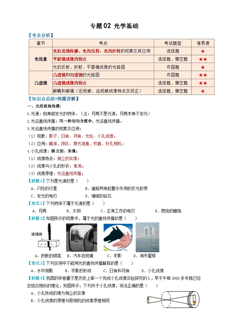 2024年中考物理必考考点专题02光学基础（原卷版）01