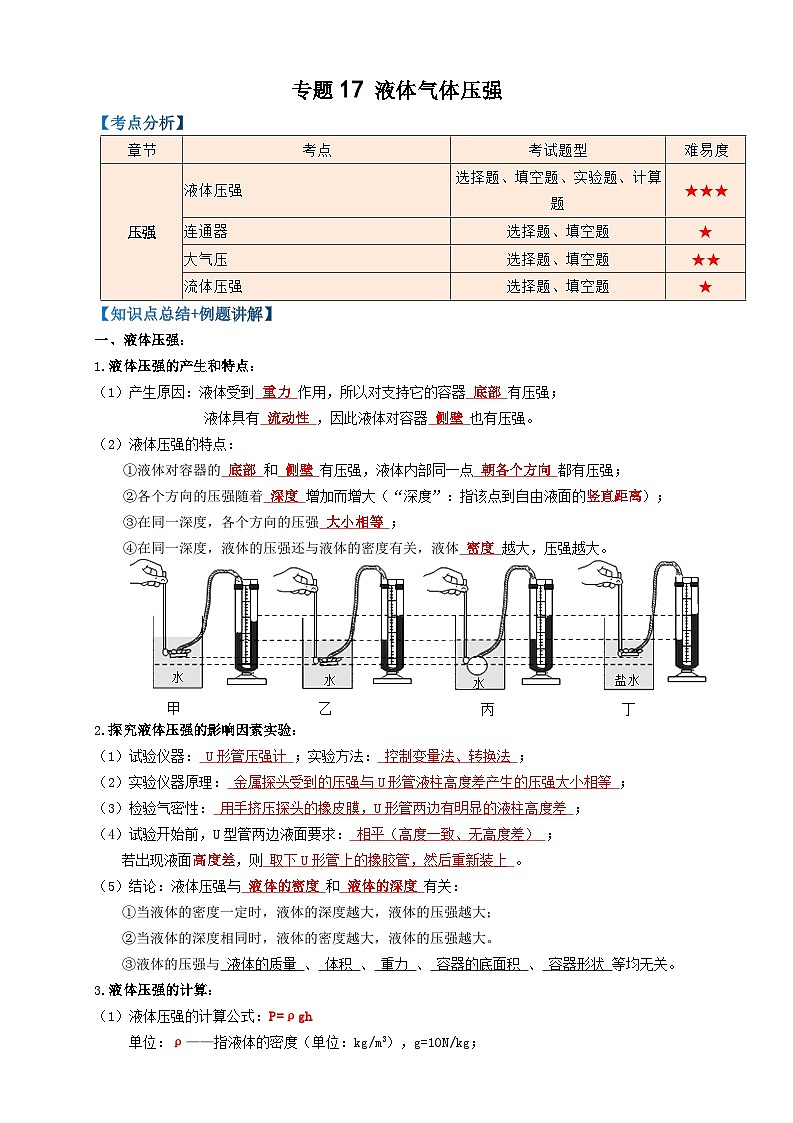2024年中考物理必考考点专题17液体气体压强（解析版）第1页