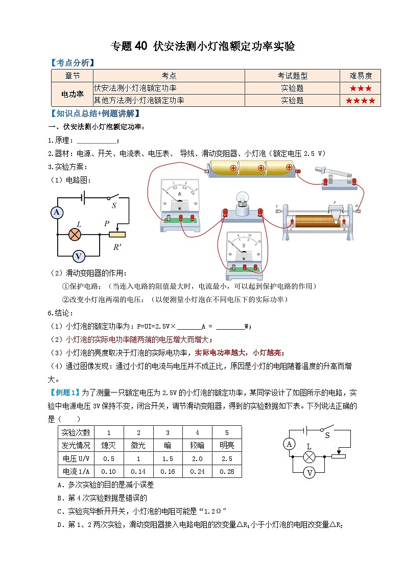 2024年中考物理必考考点专题40伏安法测小灯泡额定功率实验（原卷版）第1页