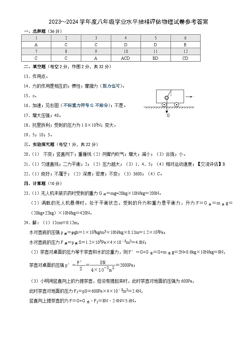 河北省唐山市遵化市2023-2024学年八年级下学期期中考试物理试卷答案第1页