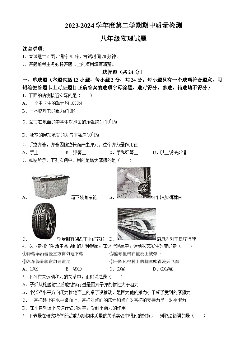 +山东省菏泽市东明县2023-2024学年八年级下学期物理期中试题01