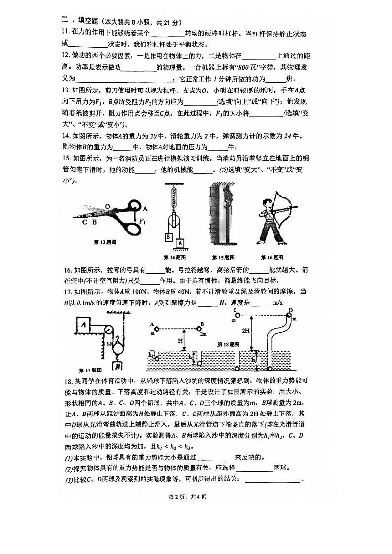 上海市宝山实验学校2023-2024学年八年级下学期期中物理考试卷第2页