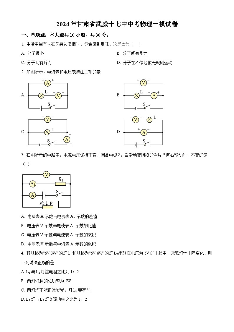2024年甘肃省武威十七中中考物理一模试题（原卷版+解析版）01