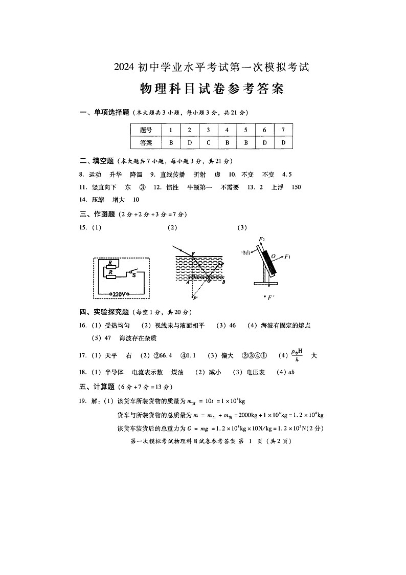 2024年广东省揭阳市榕城区初中学业水平考试第一次模拟考试物理科试卷01