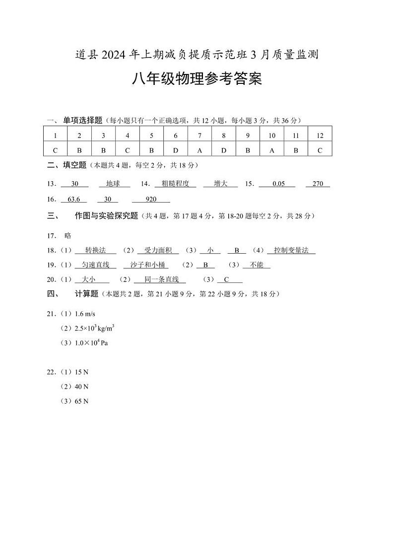 道县 2024 年减负提质示范班3月份质量监测物理答案第1页